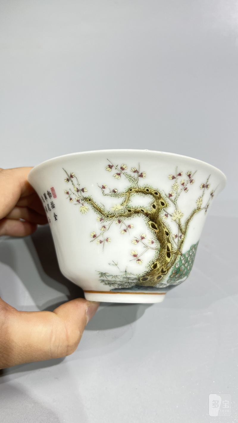 民国 珐琅彩孔雀御题诗文茶圆 - 图5